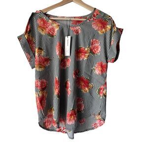 Women’s Blouse floral rose tropical light fabric black casual short sleeve XL.